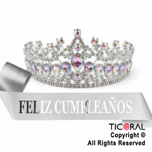 SET VINCHA Y BANDA FELIZ CUMPLEA�OS GEMAS Y STRASS PLATA (10549J) X 1